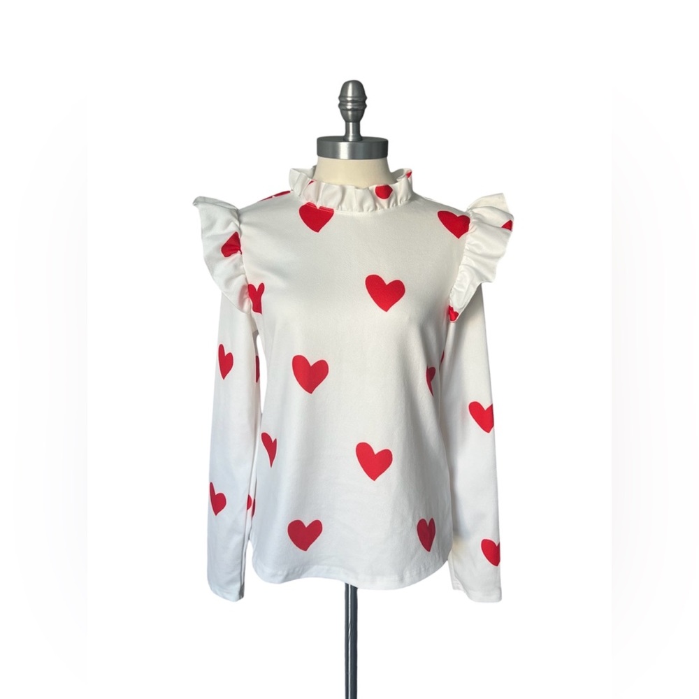 SHEIN NWOT Heart Print Ruffle Top White Red Blouse Size Small (4)